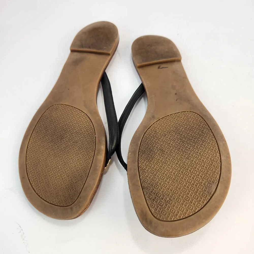 Tory Burch Women's Elegant Black Leather Thong Black Sandals Logo Size 7.5M